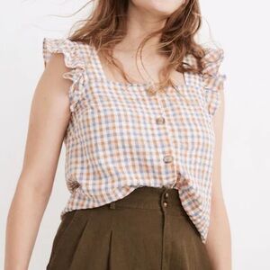 Madewell Plaid Seersucker Ruffle Up Blouse Lg w MEASUREMENTS! + FREE Ringer Tee